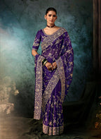Monjolika Fashion Purple Faux Crepe Embroidery Bridal Reception Festival Wedding Wear Heavy Border Saree | Grocsy
