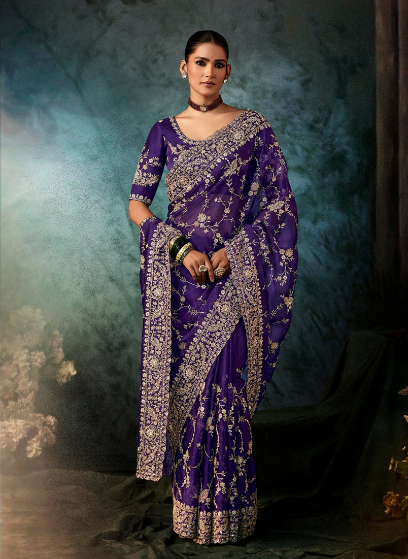 Monjolika Fashion Purple Faux Crepe Embroidery Bridal Reception Festival Wedding Wear Heavy Border Saree | Grocsy