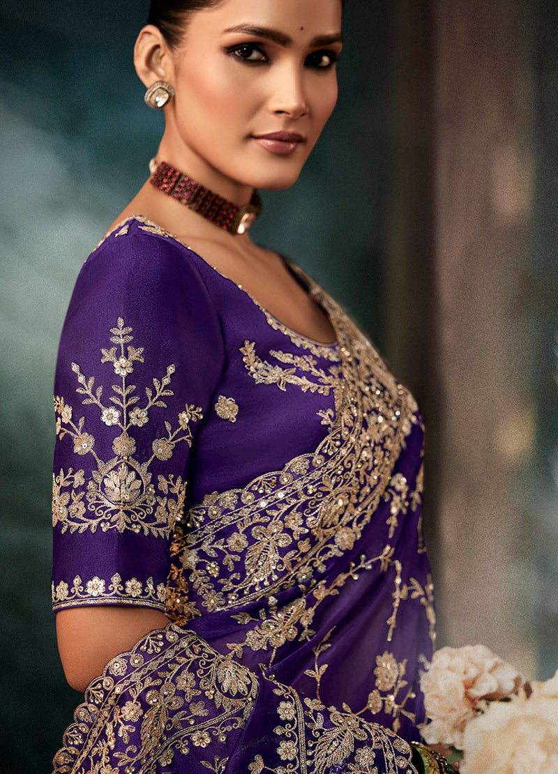 Monjolika Fashion Purple Faux Crepe Embroidery Bridal Reception Festival Wedding Wear Heavy Border Saree | Grocsy