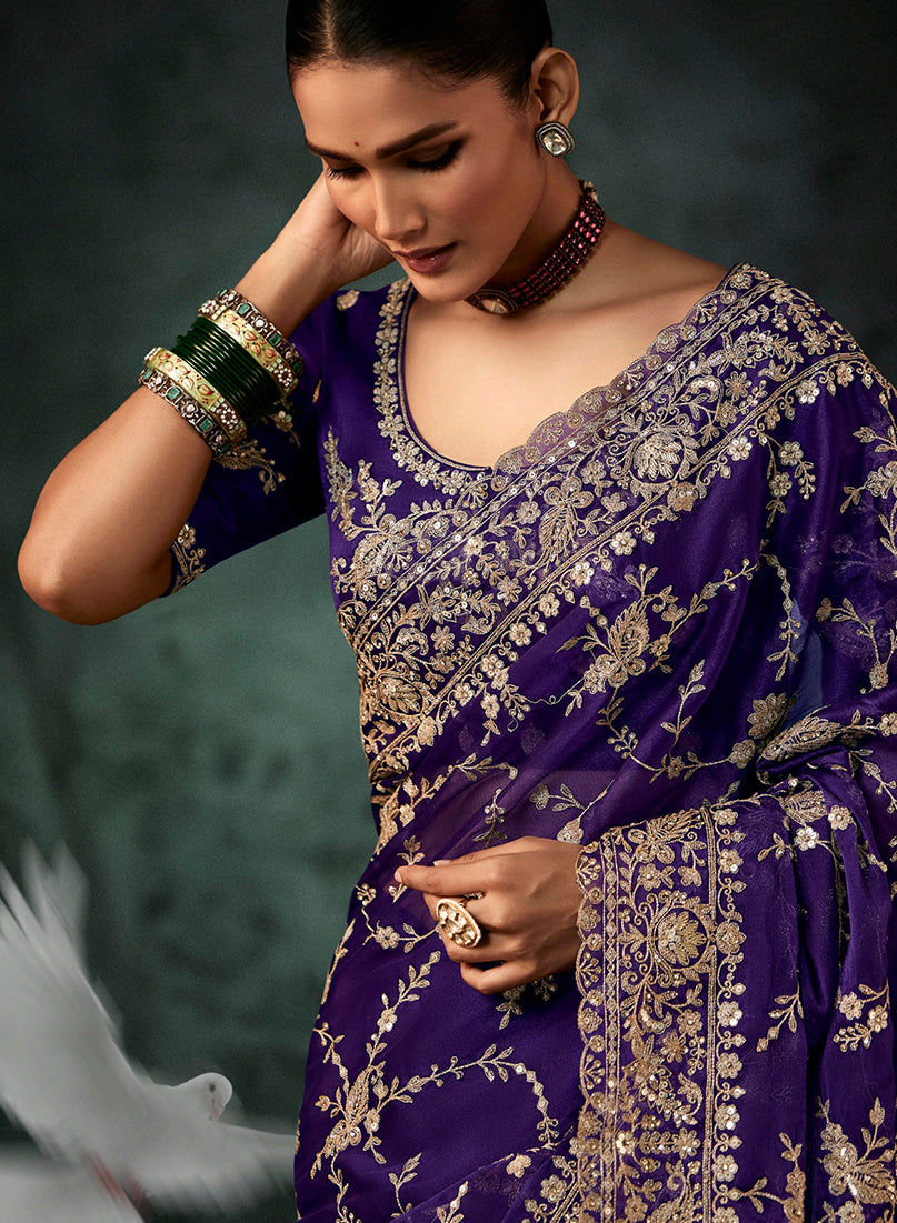 Monjolika Fashion Purple Faux Crepe Embroidery Bridal Reception Festival Wedding Wear Heavy Border Saree | Grocsy