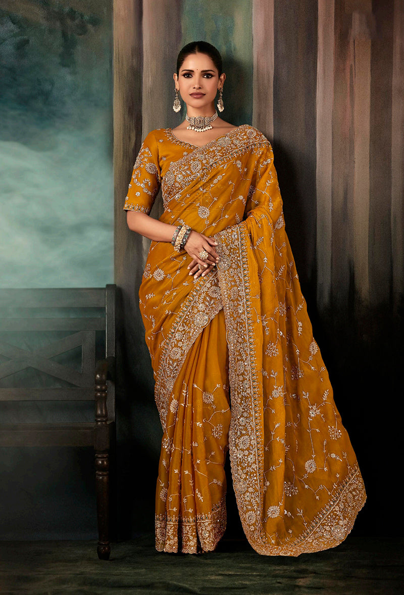 Monjolika Fashion Orange Wear Fabric Embroidery Bridal Reception Festival Wedding Wear Heavy Border Saree | Grocsy