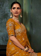 Monjolika Fashion Orange Wear Fabric Embroidery Bridal Reception Festival Wedding Wear Heavy Border Saree | Grocsy