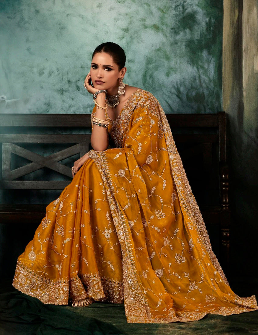 Monjolika Fashion Orange Wear Fabric Embroidery Bridal Reception Festival Wedding Wear Heavy Border Saree | Grocsy