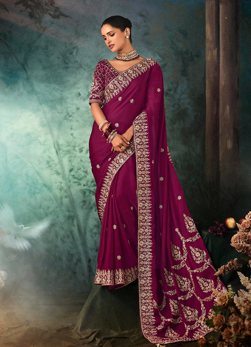 Monjolika Fashion Burgundy Faux Satin Embroidery Bridal Reception Festival Wedding Wear Heavy Border Saree | Grocsy