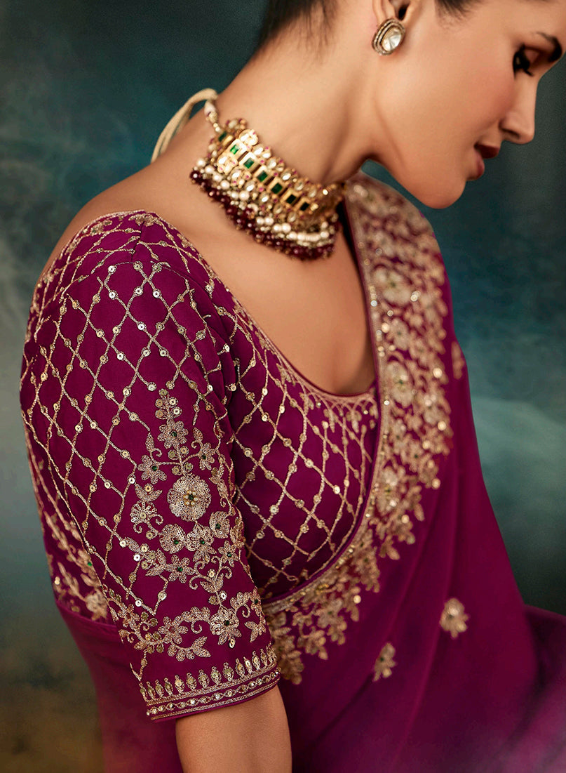 Monjolika Fashion Burgundy Faux Satin Embroidery Bridal Reception Festival Wedding Wear Heavy Border Saree | Grocsy