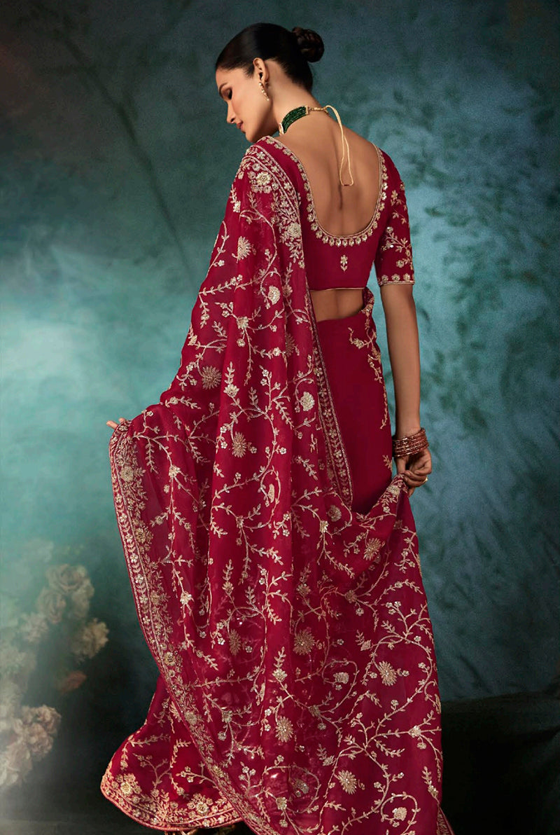 Monjolika Fashion Burgundy Faux Satin Embroidery Bridal Reception Festival Wedding Wear Heavy Border Saree | Grocsy