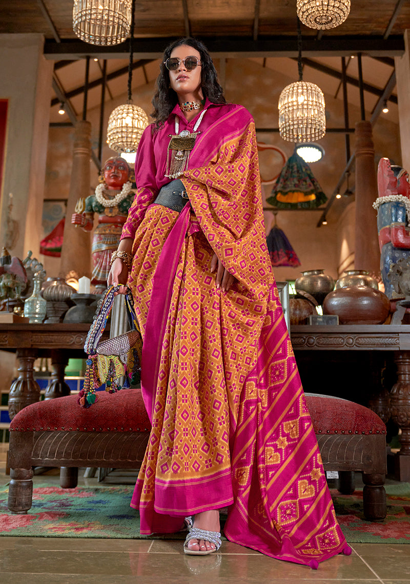Monjolika Fashion Mustard and Magenta Pink Silk Blend Ikat Print Work Contemporary Saree | Grocsy