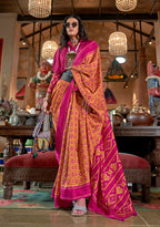 Monjolika Fashion Mustard and Magenta Pink Silk Blend Ikat Print Work Contemporary Saree | Grocsy