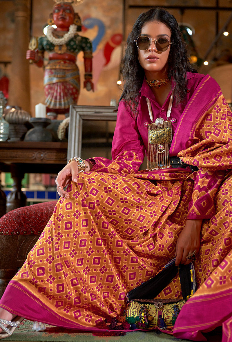 Monjolika Fashion Mustard and Magenta Pink Silk Blend Ikat Print Work Contemporary Saree | Grocsy