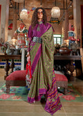 Monjolika Fashion Green and Purple Silk Blend Ikat Print Work Contemporary Saree | Grocsy