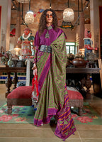 Monjolika Fashion Green and Purple Silk Blend Ikat Print Work Contemporary Saree | Grocsy