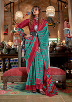 Monjolika Fashion Turquoise and Maroon Silk Blend Ikat Print Work Contemporary Saree | Grocsy