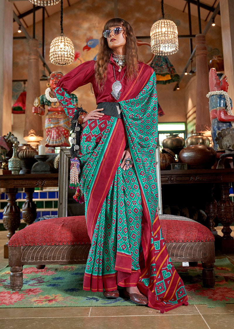 Monjolika Fashion Turquoise and Maroon Silk Blend Ikat Print Work Contemporary Saree | Grocsy