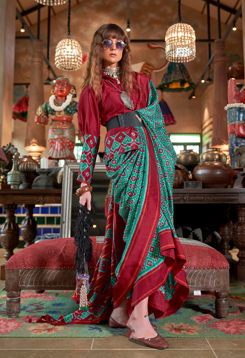 Monjolika Fashion Turquoise and Maroon Silk Blend Ikat Print Work Contemporary Saree | Grocsy
