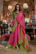 Monjolika Fashion Rani Pink and Green Silk Blend Ikat Print Work Contemporary Saree | Grocsy