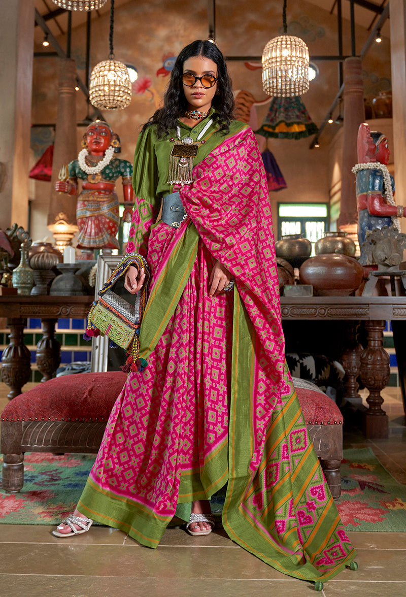 Monjolika Fashion Rani Pink and Green Silk Blend Ikat Print Work Contemporary Saree | Grocsy