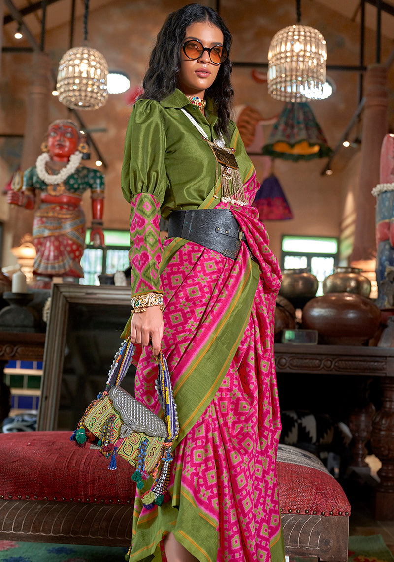 Monjolika Fashion Rani Pink and Green Silk Blend Ikat Print Work Contemporary Saree | Grocsy
