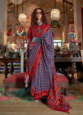 Monjolika Fashion Navy Blue and Maroon Silk Blend Ikat Print Work Contemporary Saree | Grocsy