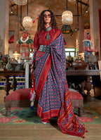 Monjolika Fashion Navy Blue and Maroon Silk Blend Ikat Print Work Contemporary Saree | Grocsy