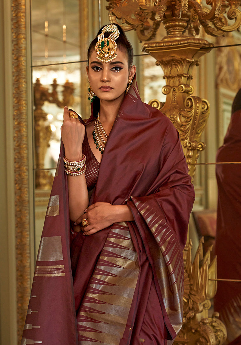 Monjolika Fashion Maroon Weaving Work Silk Blend Classic Saree | Grocsy