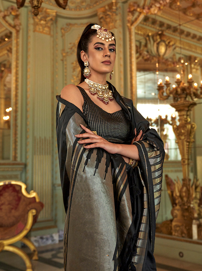 Monjolika Fashion Black Weaving Work Silk Blend Classic Saree | Grocsy