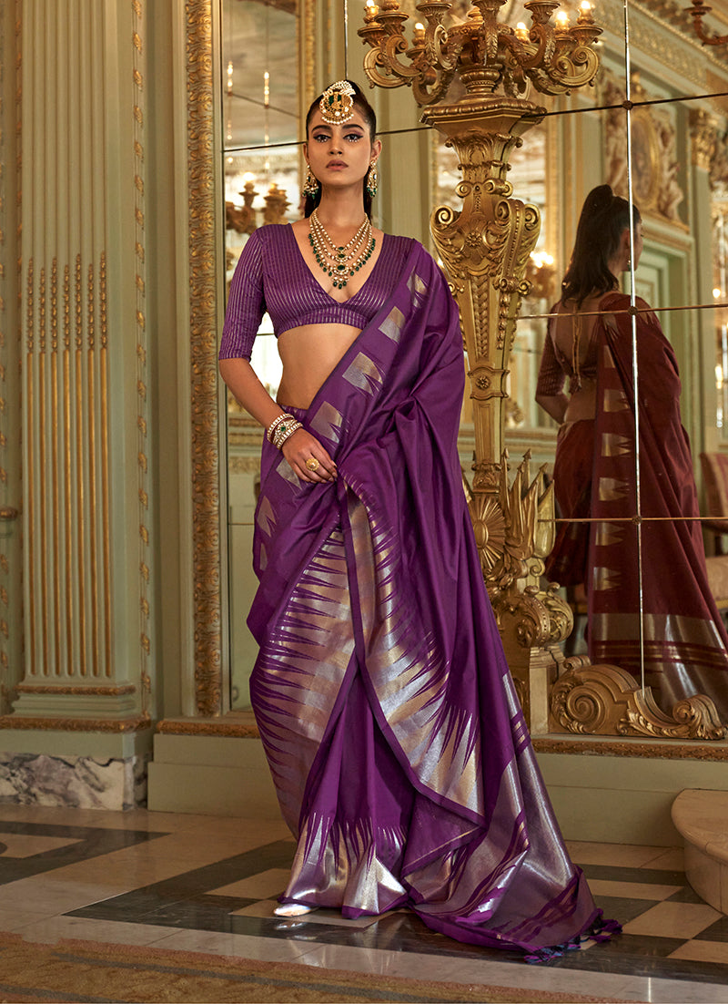 Monjolika Fashion Purple Weaving Work Silk Blend Classic Saree | Grocsy