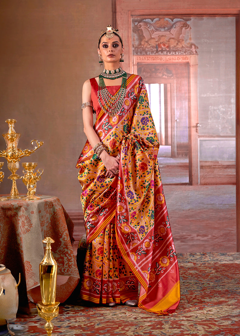 Monjolika Fashion Yellow Silk Blend Patola Print Saree with Red Blouse | Grocsy