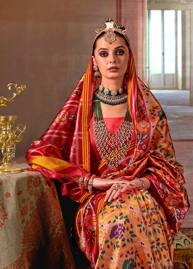 Monjolika Fashion Yellow Silk Blend Patola Print Saree with Red Blouse | Grocsy
