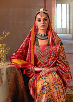 Monjolika Fashion Yellow Silk Blend Patola Print Saree with Red Blouse | Grocsy