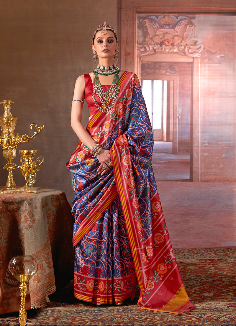 Monjolika Fashion Navy Blue Silk Blend Patola Print Saree with Red Blouse | Grocsy
