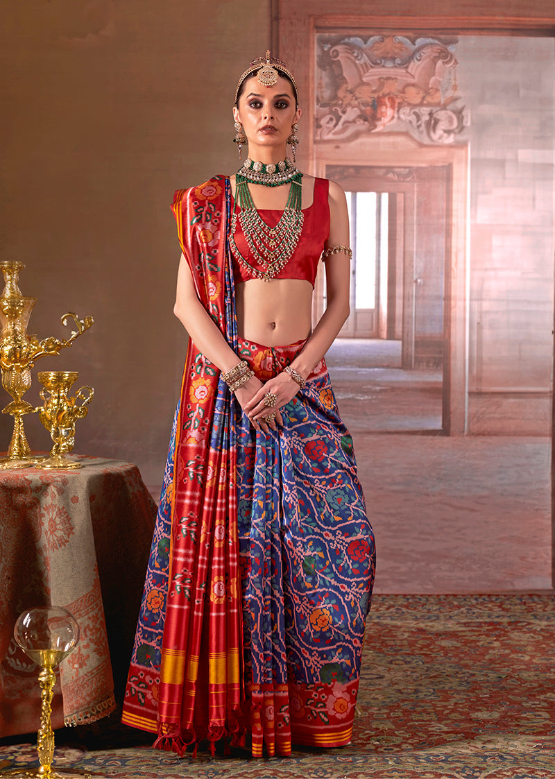 Monjolika Fashion Navy Blue Silk Blend Patola Print Saree with Red Blouse | Grocsy