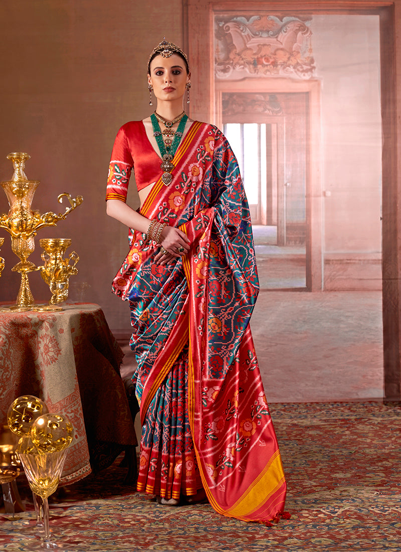 Monjolika Fashion Teal Silk Blend Patola Print Saree with Red Blouse | Grocsy