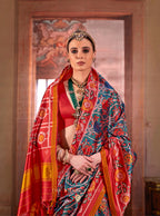 Monjolika Fashion Teal Silk Blend Patola Print Saree with Red Blouse | Grocsy