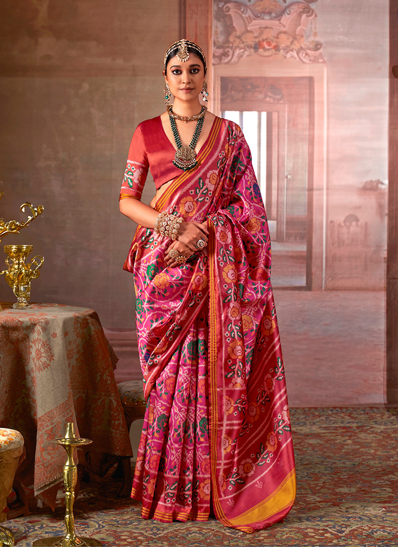 Monjolika Fashion Pink Silk Blend Patola Print Saree with Red Blouse | Grocsy