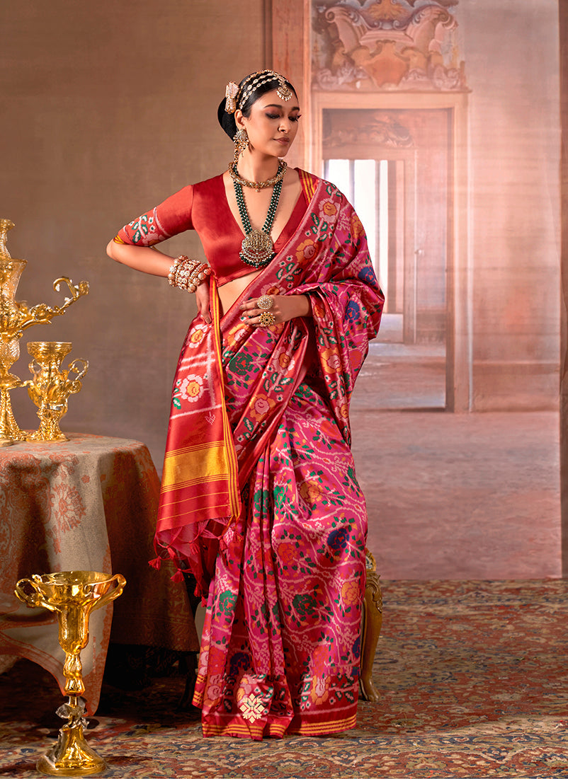 Monjolika Fashion Pink Silk Blend Patola Print Saree with Red Blouse | Grocsy