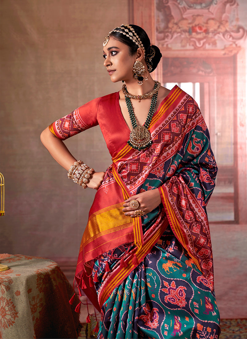 Monjolika Fashion Multicolor Silk Blend Patola Print Saree for Wedding & Festive Wear | Grocsy