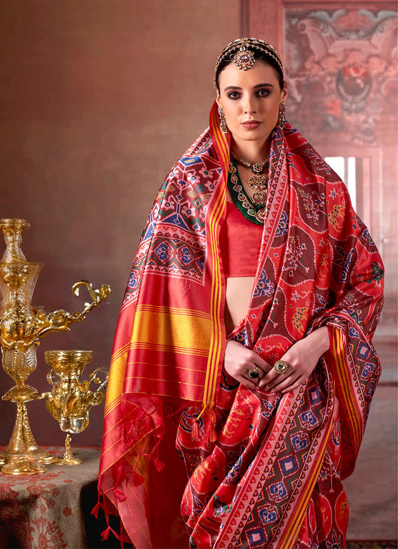 Monjolika Fashion Multicolor Silk Blend Patola Print Saree for Wedding & Festive Wear | Grocsy