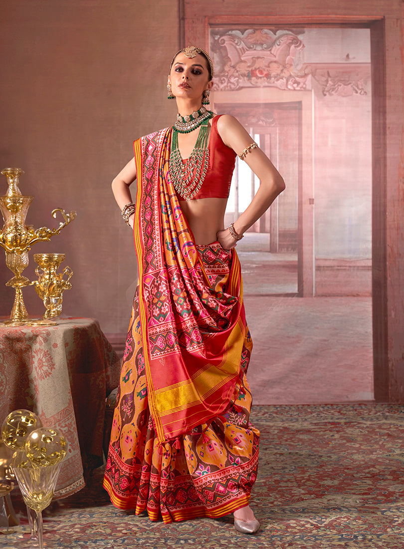 Monjolika Fashion Multicolor Silk Blend Patola Print Saree for Wedding & Festive Wear | Grocsy