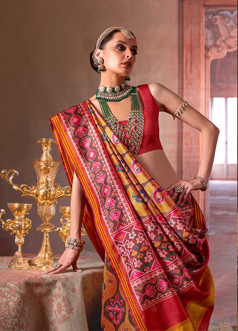 Monjolika Fashion Multicolor Silk Blend Patola Print Saree for Wedding & Festive Wear | Grocsy