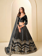 Monjolika Fashion Black Velvet Embroidered Sequins Work A Line Lehenga Choli | Grocsy