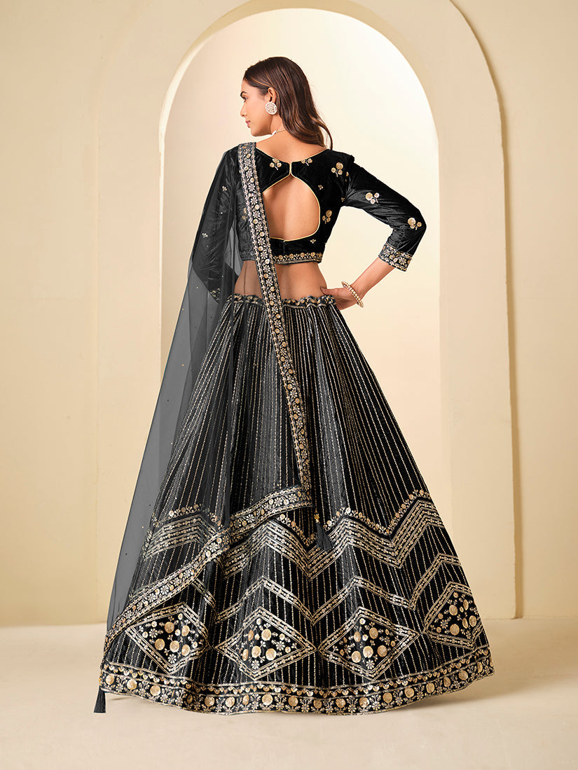 Monjolika Fashion Black Velvet Embroidered Sequins Work A Line Lehenga Choli | Grocsy