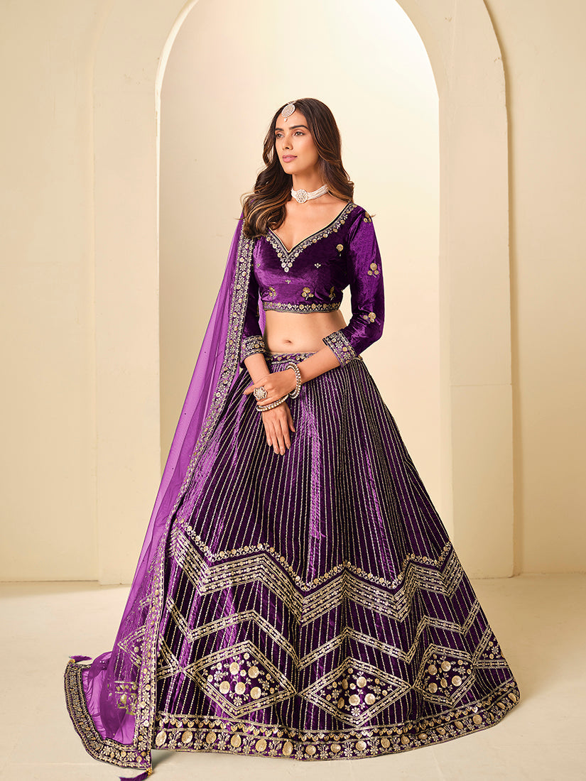 Monjolika Fashion Purple Velvet Embroidered Sequins Work A Line Lehenga Choli | Grocsy
