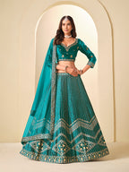 Monjolika Fashion Teal Velvet Embroidered Sequins Work A Line Lehenga Choli | Grocsy