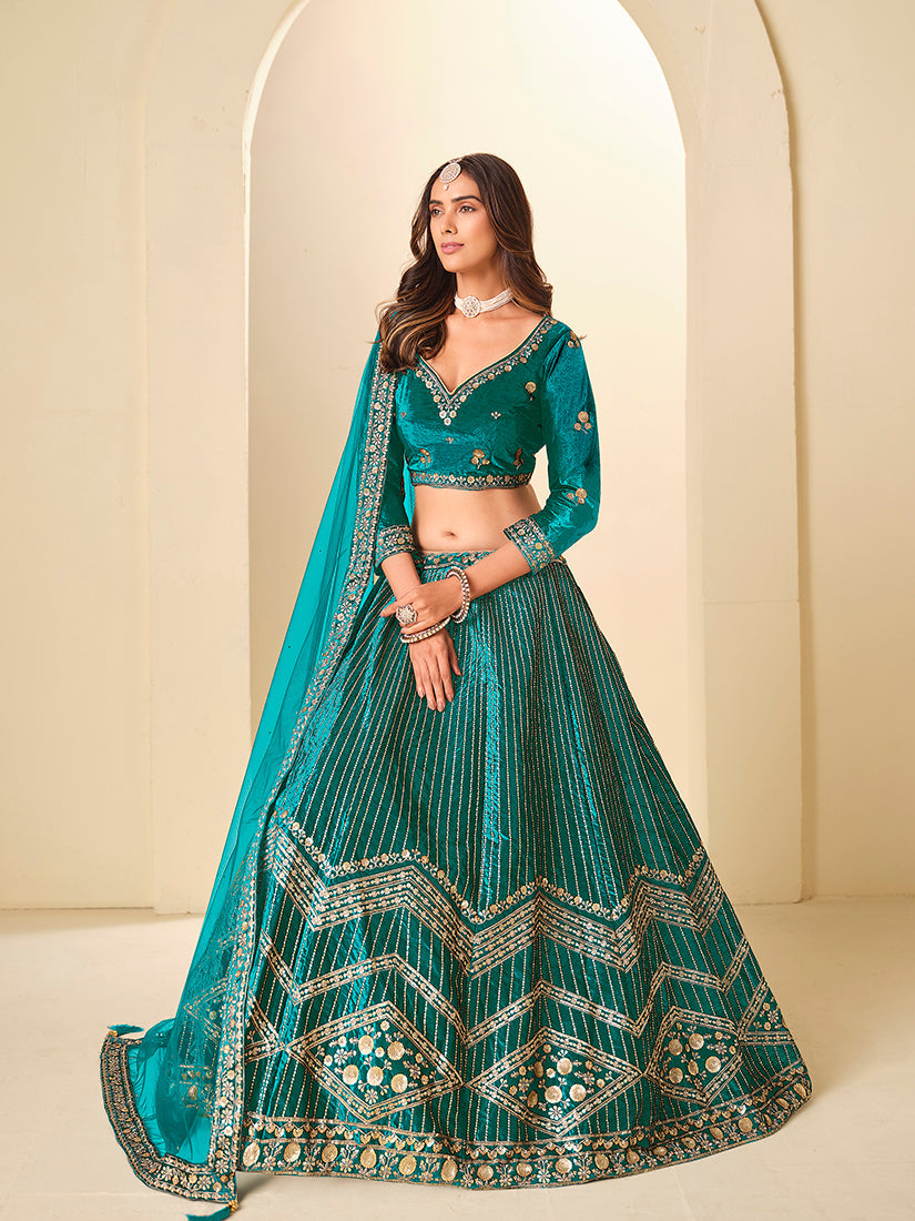 Monjolika Fashion Teal Velvet Embroidered Sequins Work A Line Lehenga Choli | Grocsy