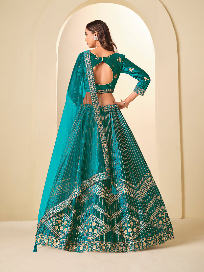 Monjolika Fashion Teal Velvet Embroidered Sequins Work A Line Lehenga Choli | Grocsy
