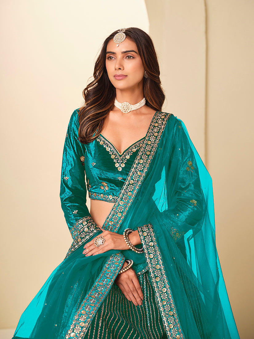 Monjolika Fashion Teal Velvet Embroidered Sequins Work A Line Lehenga Choli | Grocsy