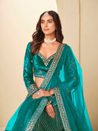 Monjolika Fashion Teal Velvet Embroidered Sequins Work A Line Lehenga Choli | Grocsy