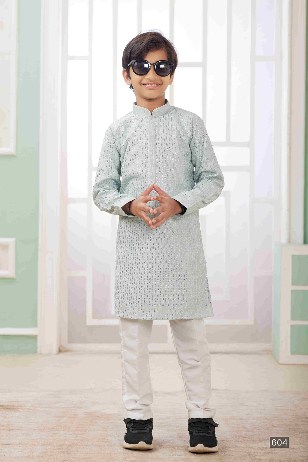 Raivat Ethnic Art Silk Embroidery Work Kids Kurta Pajama In Mint Green Colour | Grocsy