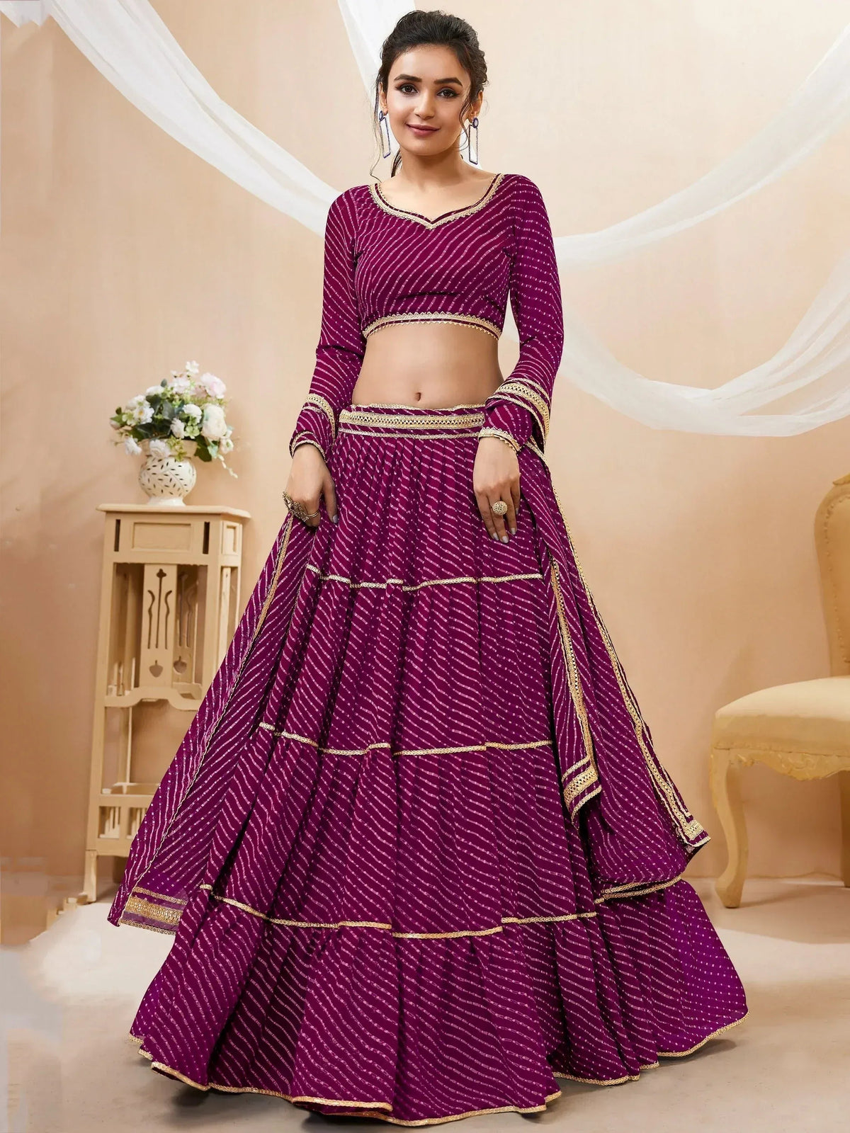 Tulsi Art Gorgeous Purple Leheriya Printed Georgette Festival Wear Lehenga Choli | Grocsy