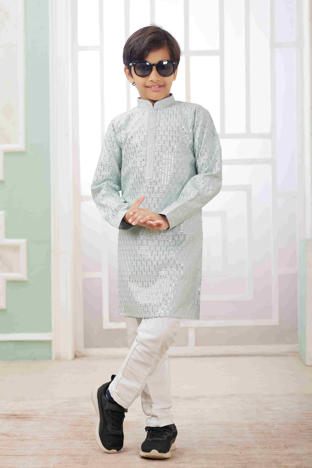 Raivat Ethnic Art Silk Embroidery Work Kids Kurta Pajama In Mint Green Colour | Grocsy